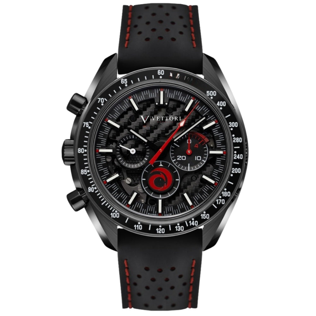 Vettori Dark Chronograph 44mm, Black Skeleton Dial with Red Accents
