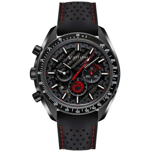 Vettori Dark Chronograph 44mm, Black Skeleton Dial with Red Accents