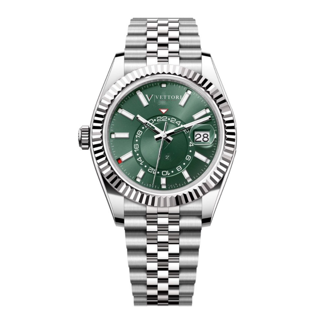 Vettori Global Traveller 42mm, Green Sunburst Dial