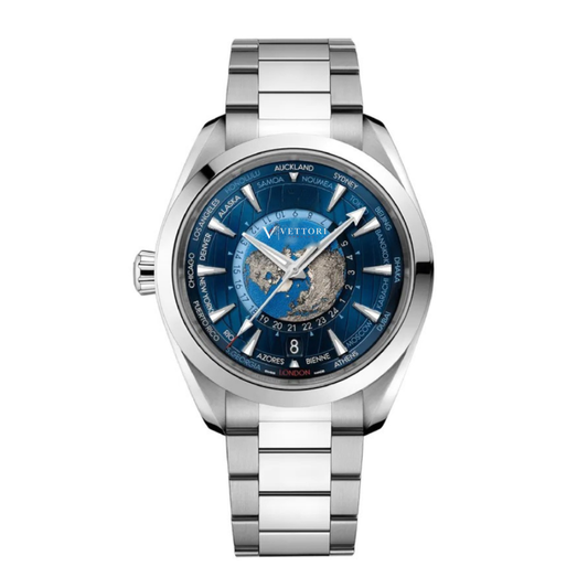 Vettori World Time 43mm, Blue Global Map Dial
